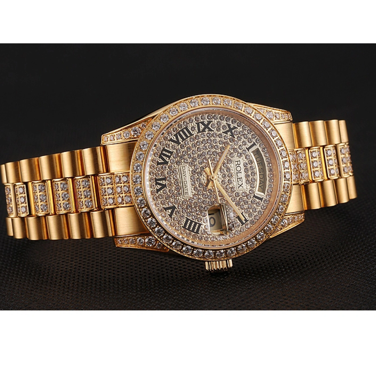 AAA Replica Watches Day-Date Swiss Bracelet Gold Rolex Pave Dial 1453956 Diamond Diamond 1014